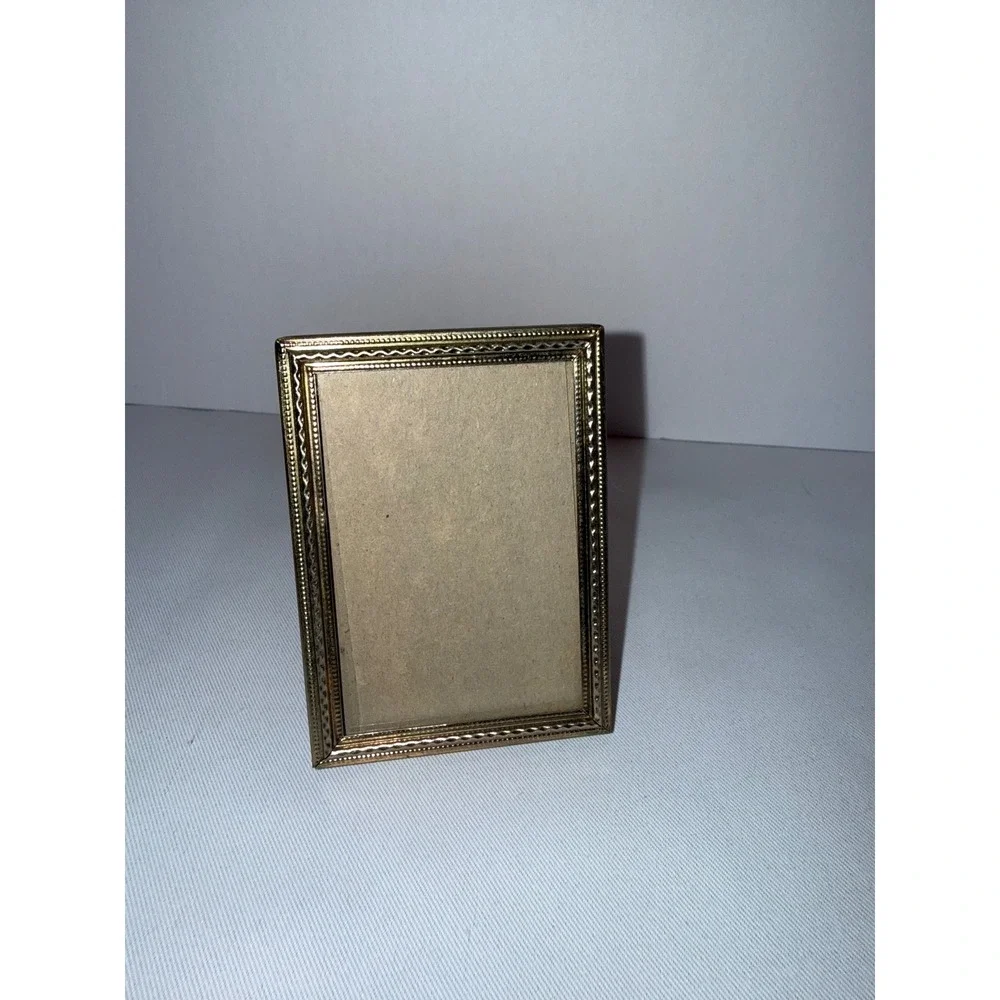 Vintage Gold Tone Miniature Picture Frame Ornate Beaded Metal Small Photo 2x3